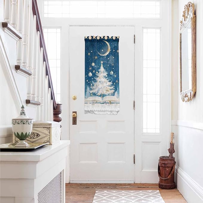 Christmas French Door Curtain Panel for Front Door, Blue Ink Night Moon White Book Xmas Trees Slidelight Door Curtains with Tieback Light Filtering Privacy Panels for Doorway Entryway 25"x 40"