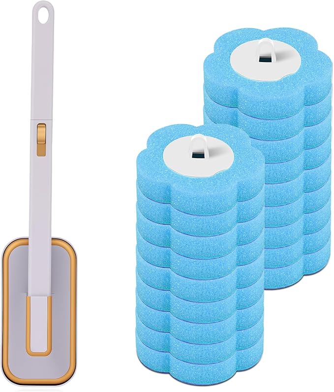 Disposable Toilet Brush Refills, Wall Mount Toilet Bowl Brush, Toilet Wand Refills with Extended Handle Cleaning Set, 360° Cleaning Toilet Brush Grip Suitable for Bathrooms (Grey Brush+18 Refills)