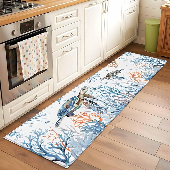 Sea Turtle Runner Rug 2'x6', Seagrass Coral Starfish Hallway Runner Rugs Washable Non-Slip Bedside Floor Mats Carpet for Kitchen Bedroom Laundry Room Bathroom