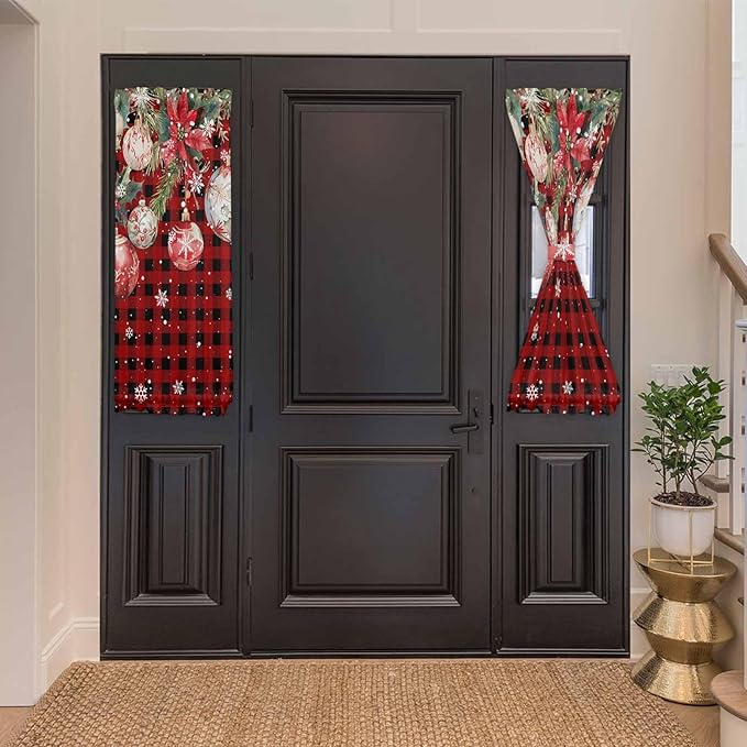 Christmas French Door Curtain for Front Door, Xmas Poinsettia Plants Various Balls Snow Black Red Plaid Slidelight Door Curtains with Tieback Light Filtering Privacy Panel for Entryway 25"x 40"