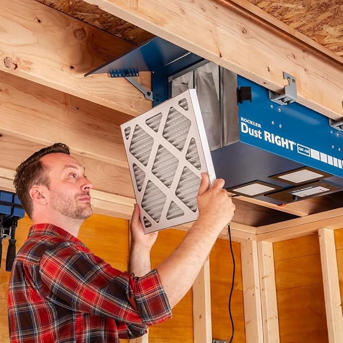 Rockler Dust Right Compact Ceiling Air Filtration Unit - Ceiling-Mounted Ambient Air Cleaner for Woodworking Shops - Low-Profile Filtration System with Triple Filters, & Wireless Remote Control