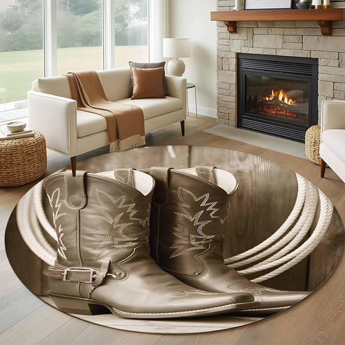 Western Cowboy Round Rug 5 Ft, Vintage Countryside Cowboy Boots Ropes Circle Area Rugs Washable Non Slip Indoor Floor Mats Carpet for Living Room Bedroom Dining Room Home Decor