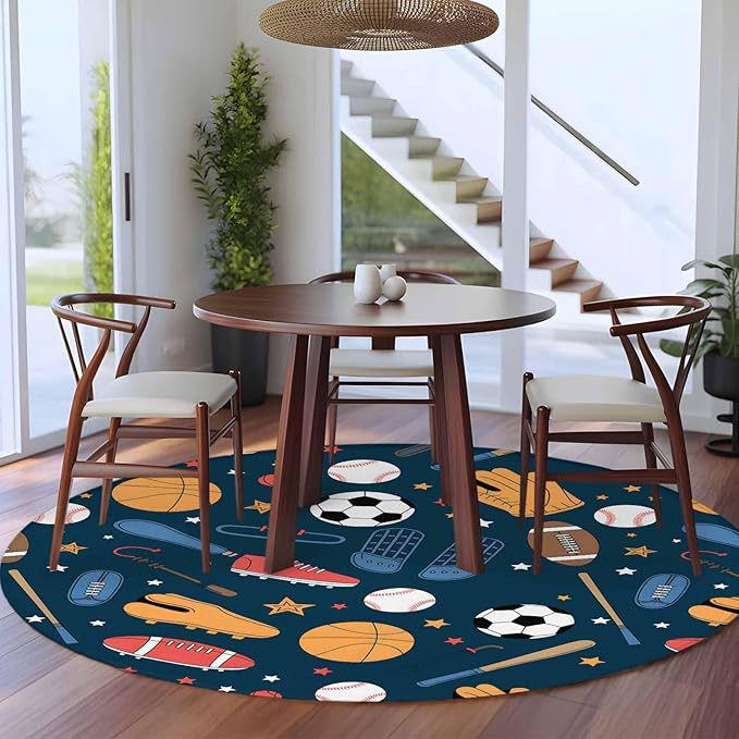 Cartoon Sports Large Round Rug 8Ft, Baseball Soccer Basketball Rugby Sneakers Circle Area Rugs Washable Non Slip Indoor Floor Mats Carpet for Living Room Bedroom Dining Room Home Decor