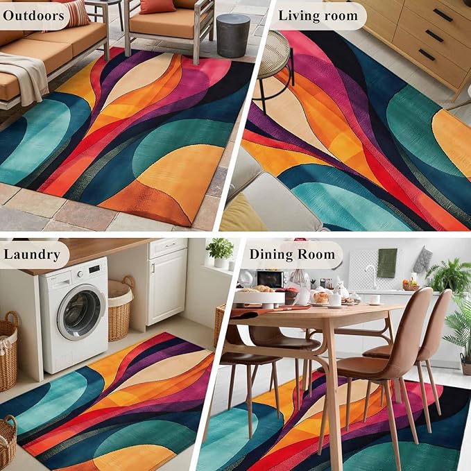 Minimalist Art 3'x5' Area Rugs, Abstract Yellow Blue Color Block Line Washable Area Rugs Non-Slip Indoor Floor Mats Carpet for Living Room Bedroom Dining Room