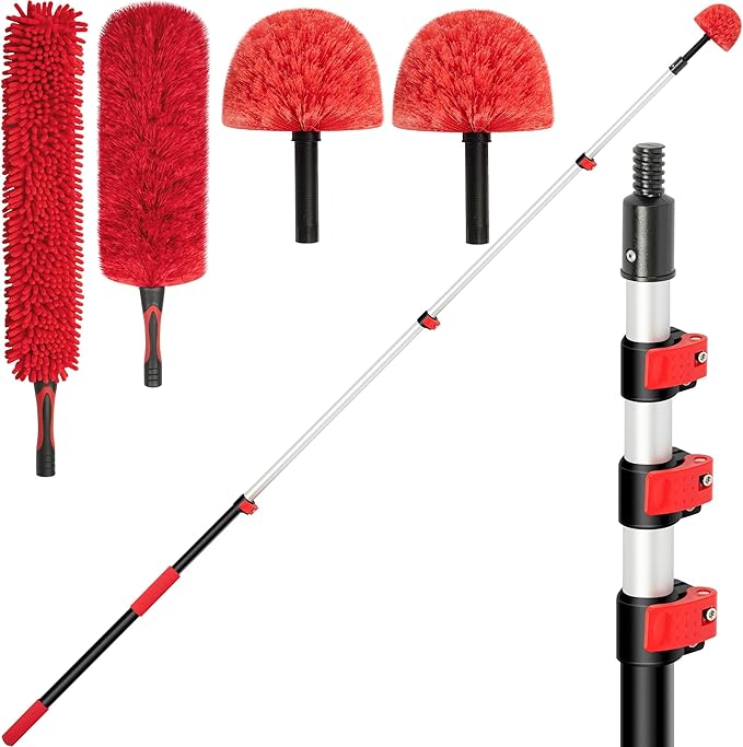 5-12 FT Extension Pole with 2 Outdoor Cobweb Brushes, 20 FT High Reach Ceiling Fan Cleaner Duster for Home, 12 FT Extendable Pole with 4 Pcs Dusting Tools, Cubweb Dusters, Feather Dusters, Fan Duster