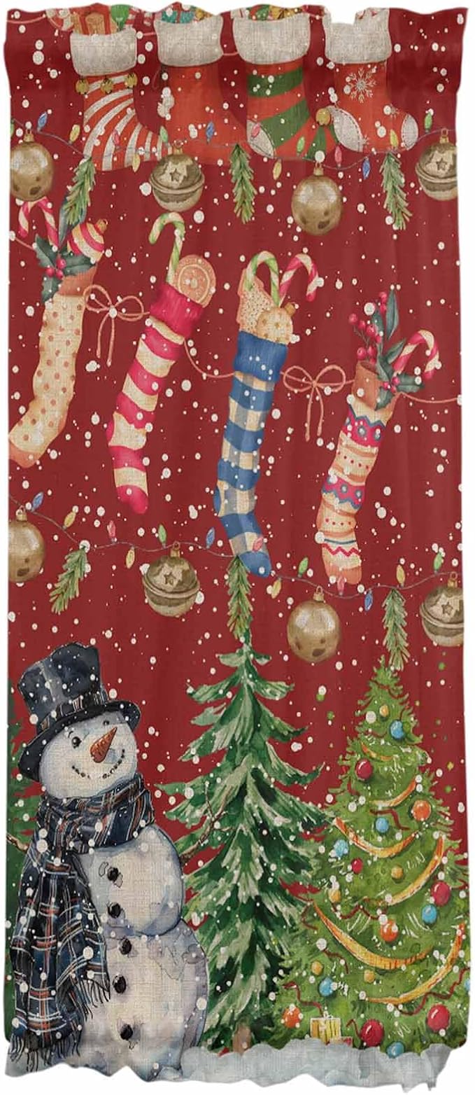 Christmas French Door Curtain Panel for Front Door, Various Christmas Socks Smiling Snowman Pine Tree Slidelight Door Curtains with Tieback Light Filtering Privacy Panels for Entryway 25"x 40"