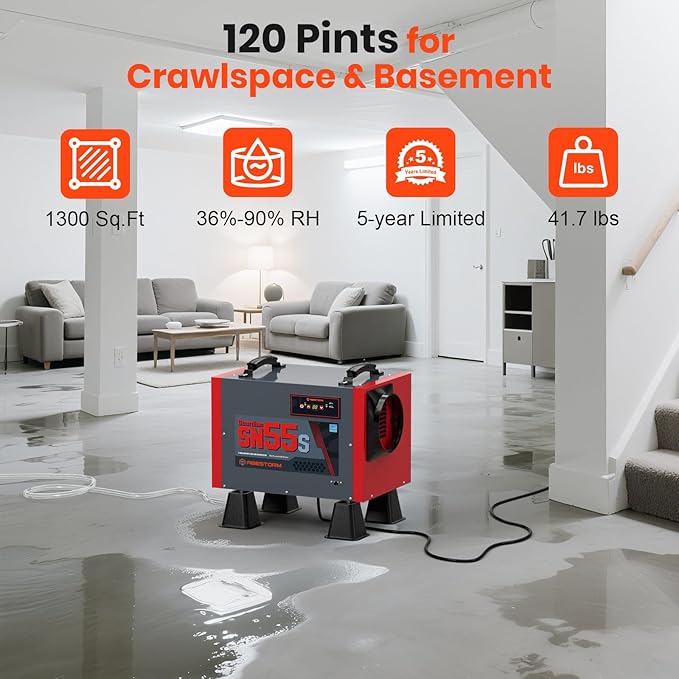 Abestorm Crawl Space Dehumidifier, 120 Pint Controls Commercial Dehumidifiers with Drain Hose for Basement, Under House Auto Defrosting Industrial Crawlspace Dehumidifier