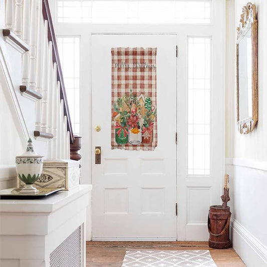 Christmas French Door Curtain Panel for Front Door, Xmas Floral Gingerbread Bottles Vintage Red Plaid Slidelight Door Curtains with Tieback Light Filtering Privacy Panels for Entryway 25"x 40"