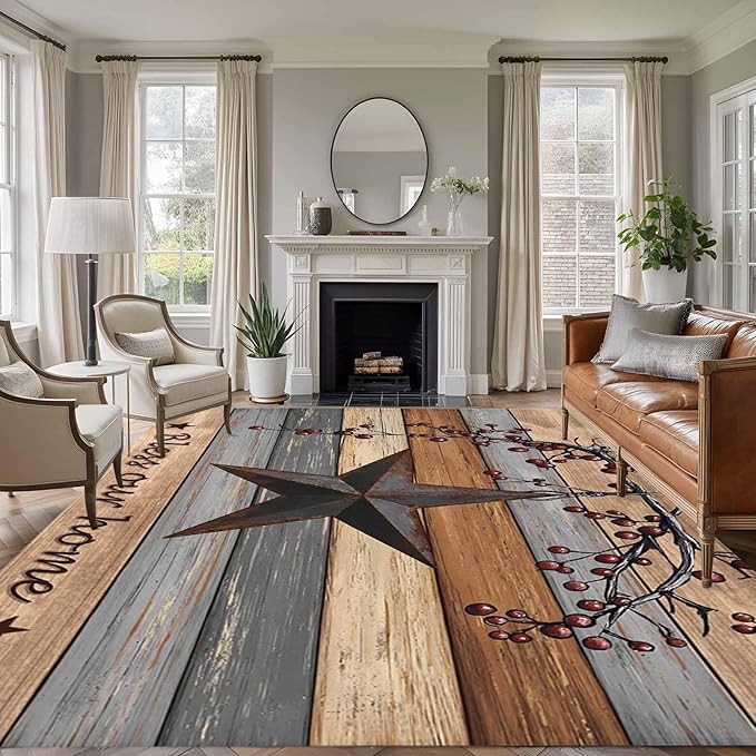 Country Stars 5'x8' Large Area Rugs, Vintage Rust Black Star Berry Brown Light Blue Wood Grain Washable Area Rugs Non-Slip Indoor Floor Mats Large Carpet for Living Room Bedroom Dining Room