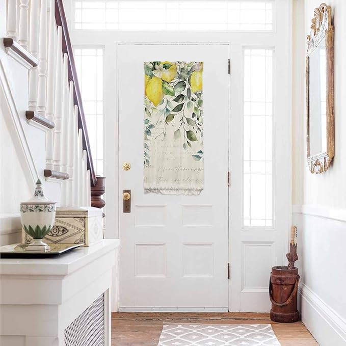 French Door Curtain Panel for Front Door, Vintage Lemon Botanical Plant Eucalyptus Leaves Sage Green Slidelight Door Curtains with Tieback Light Filtering Privacy Panels for Doorway Entryway 25"x 40"