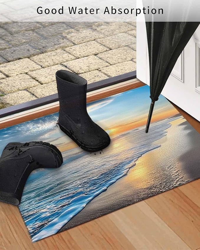 Front Door Mat Outdoor, Sunset Beach Absorbent Non Slip Indoor Entry Rug, Spray Ocean Waves Sky Nature Scenery Low-Profile Doormat Washable Rugs for Bathroom, Kitchen, 24x32in