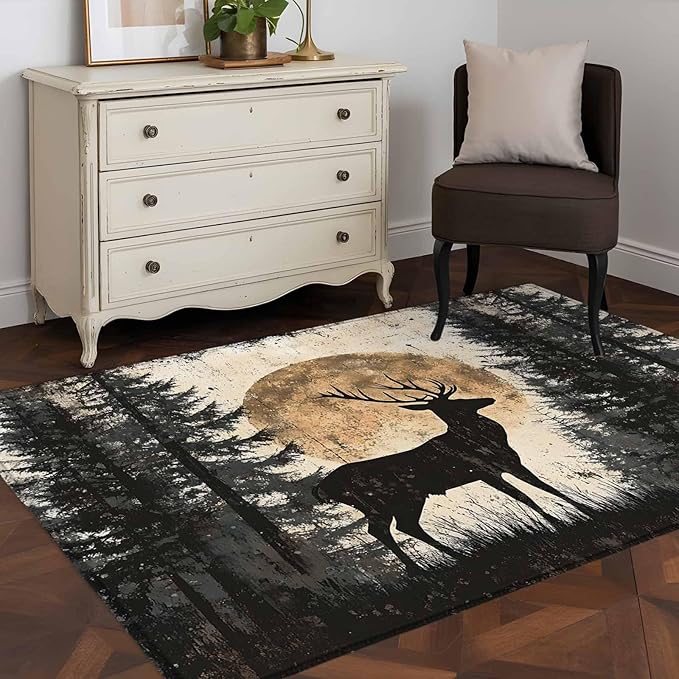 Deer 4'x6' Area Rugs, Elk Silhouette Washable Area Rugs Non-Slip Indoor Floor Mats Carpet for Living Room Bedroom Dining Room