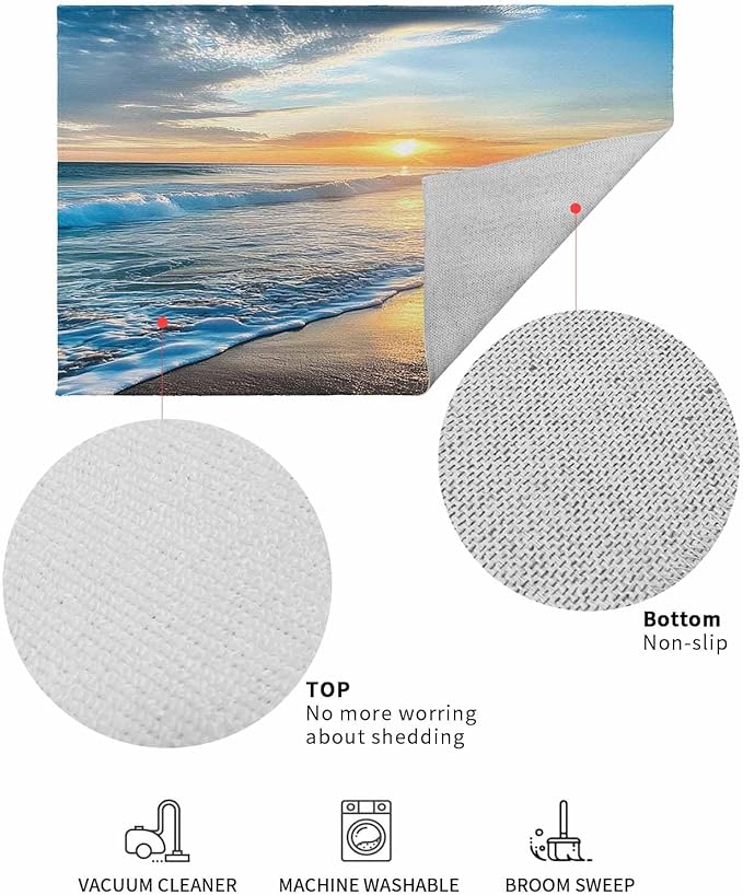 Front Door Mat Outdoor, Sunset Beach Absorbent Non Slip Indoor Entry Rug, Spray Ocean Waves Sky Nature Scenery Low-Profile Doormat Washable Rugs for Bathroom, Kitchen, 24x32in
