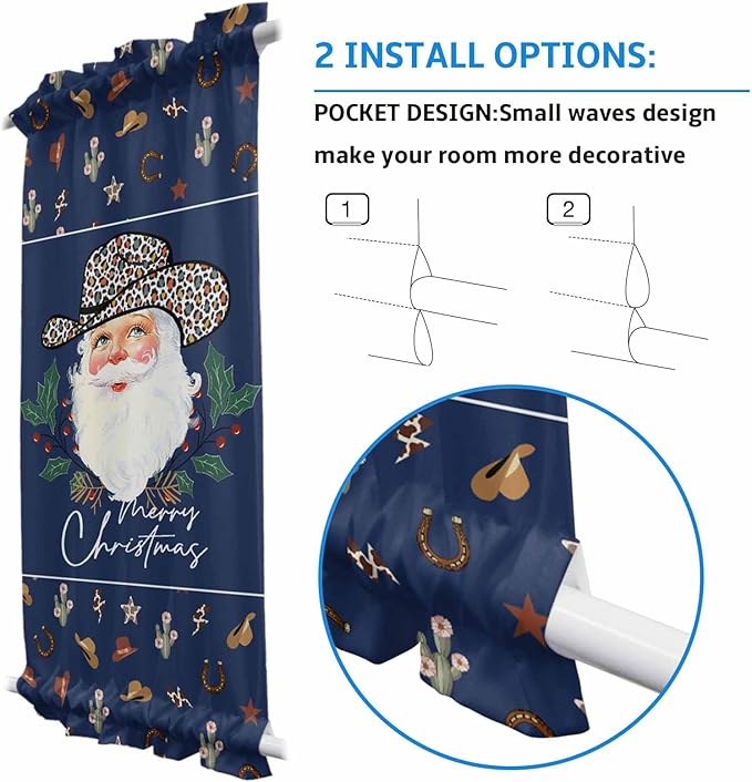 Christmas French Door Curtain Panel for Front Door, Navy Blue Leopard Cow Cowboy Hat Slidelight Door Curtains with Tieback Light Filtering Privacy Panels for Doorway Entryway 25"x 40"