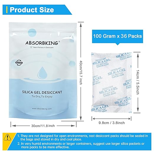 Absorbking Silica Gel Packets, 100 Gram 36 Packs Food Safe Moisture Absorbers, Desiccant Packs for Storage, Reusable Desiccant for Foods, Storage Bins, 3D Filaments, Electronics, Safes