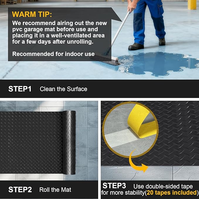 7.5x25 FT Garage Floor Mat, 2.8mm Thickened Flooring Roll Under Car Mat with 20Pcs Tapes, Diamond Plate, Non-Slip Floor Protector Mat for Trailer, Garage, Warehouse, Gyms, Trailer, Black
