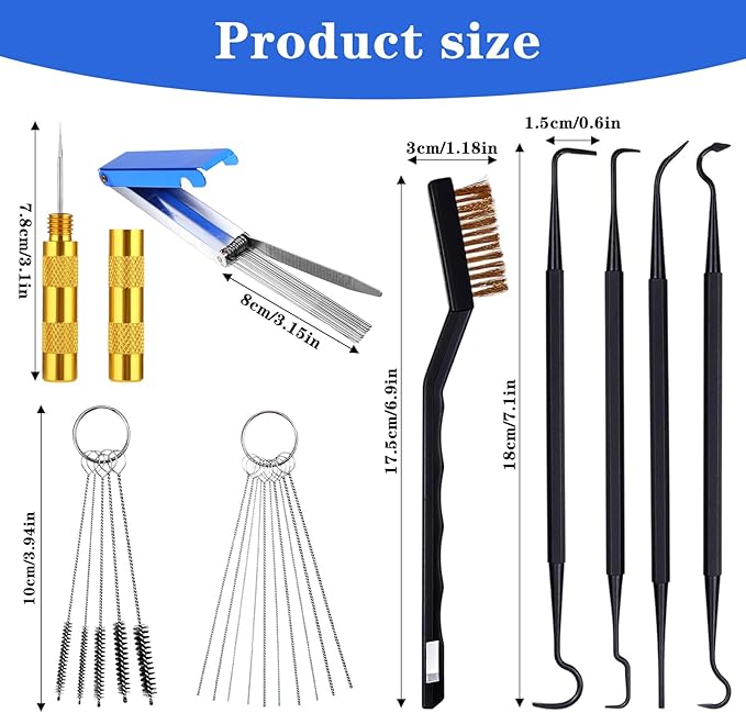 Tucnoeu Carburetor Cleaning Kit, 1 Single Head Brush 23 Needles 5 Nylon Brushes 1 Scraper and 4 Cleaning Hooks for Motorcycles, ATVs, Chainsaws, and Small Engines