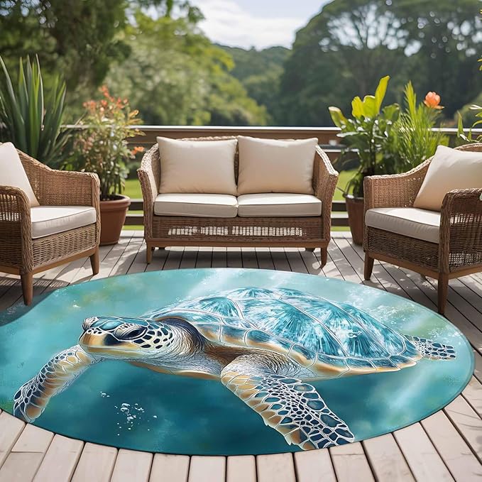 Marine Animal Round Rug 5 Ft, Ocean Turtle Modern Art Abstract Style Circle Area Rugs Washable Non Slip Indoor Floor Mats Carpet for Living Room Bedroom Dining Room Home Decor