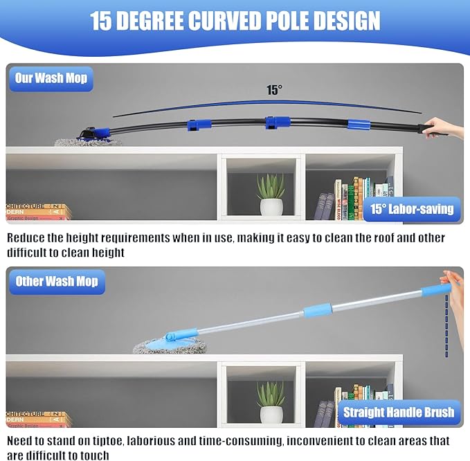 Wall Cleaner Mop, Washer Mops with Long Handle for Cleaning Walls Baseboard Window High Cabinet Ceiling Floor, 15°Bend Labor-Saving Microfiber Dry Dust and Wet Wash Cleaning Mop with Replacement Pad