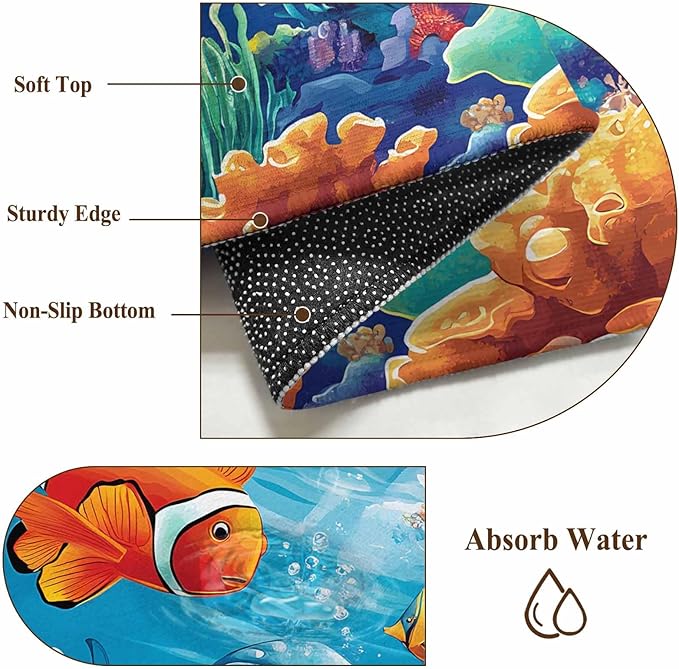 Ocean Marine Large Round Rug 7Ft, Life Fish Coral Seagrass Underwater Coastal Circle Area Rugs Washable Non Slip Indoor Floor Mats Carpet for Living Room Bedroom Dining Room Home Decor