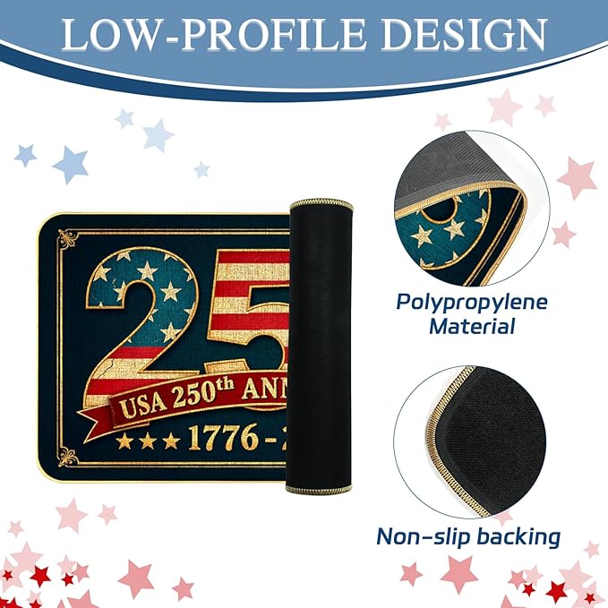 250th Door Mat, Patriotic Vintage USA Anniversary Outdoor Indoor Patio Entrance Door Mats Low Profile Non Slip Outside Inside Floor Mat Rugs for Home Decor, 29x17Inch