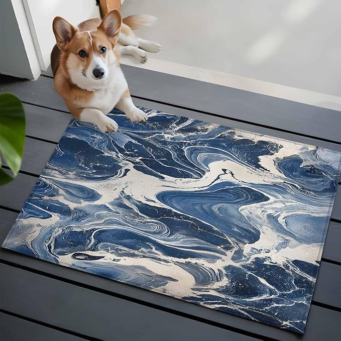 Impressionist Style Entryway Rug 2'x3', White Blue Blurred Wash Small Area Rug Non-Slip Front Door Mat Washable Floor Carpet for Indoor Entrance Kitchen Bathroom