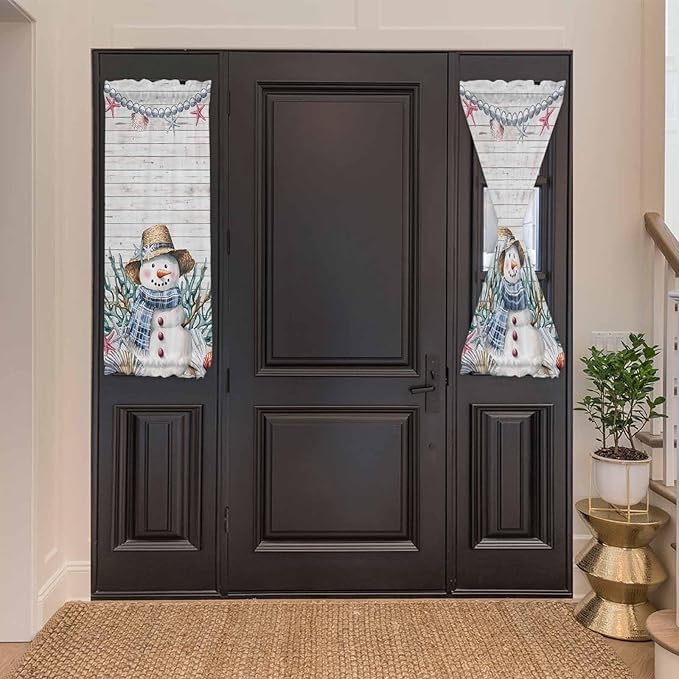 Christmas French Door Curtain for Front Door, Christmas Winter Snowman Pearl Shell Coral Starfish Board Slidelight Door Curtains with Tieback Light Filtering Privacy Panel for Entryway 25"x 40"