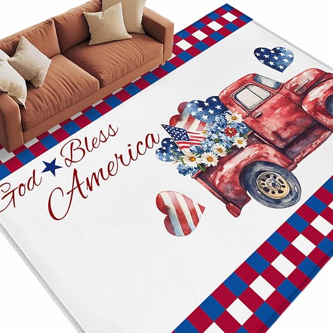Red Truck USA Flag Stars 5'x7' Area Rugs, God Bless America Washable Area Rugs Non-Slip Indoor Floor Mats Carpet for Living Room Bedroom Dining Room