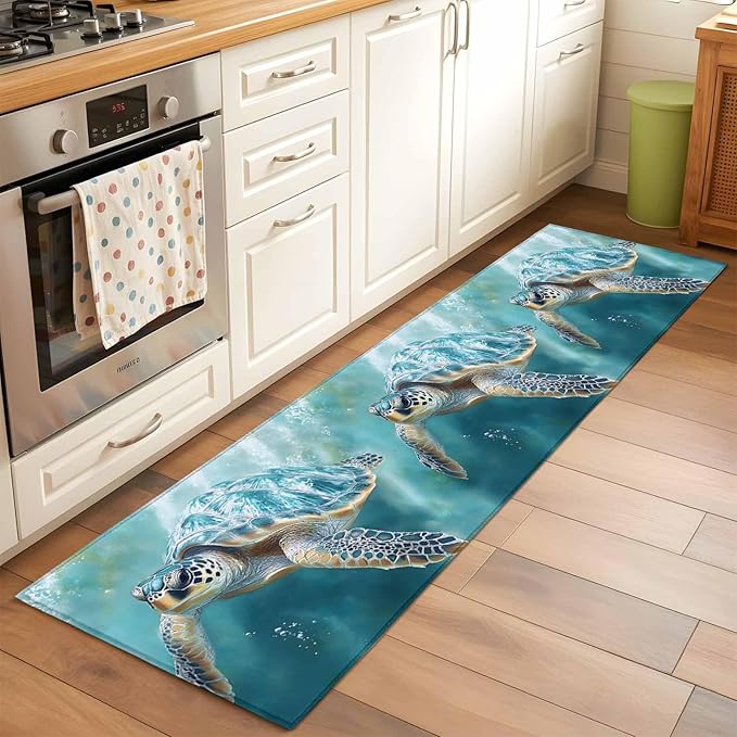 Marine Animal Runner Rug 2'x6', Ocean Turtle Modern Art Abstract Style Hallway Runner Rugs Washable Non-Slip Bedside Floor Mats Carpet for Kitchen Bedroom Laundry Room Bathroom