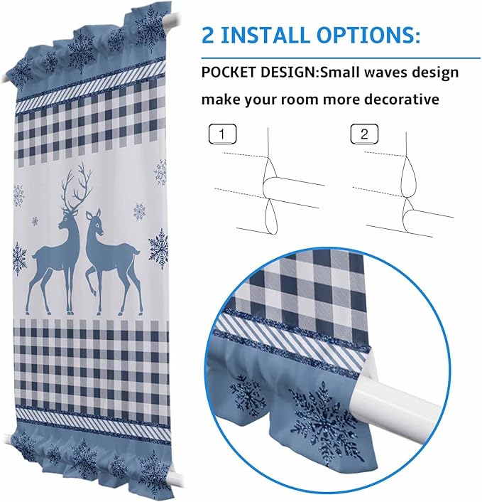 Christmas French Door Curtain Panel for Front Door, Steel Blue Xmas Deer Silhouette Plaid Snowflakes Slidelight Door Curtains with Tieback Light Filtering Privacy Panels for Doorway Entryway 25"x 40"