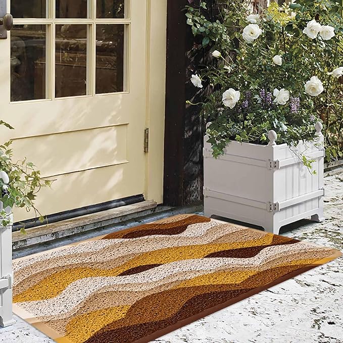 Welcome Door Mat Brown Orange Gradient Waves,Non-Slip Floor Doormat Outdoor Indoor Patio Rug Pad Ocean Spray,Heavy Duty Duraloop Mesh Dirt Mud Trapper for Entryway Kitchen
