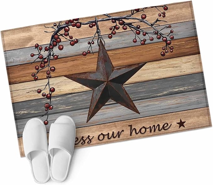 Country Stars Entryway Rug 2'x3', Vintage Rust Black Star Berry Brown Light Blue Wood Grain Small Area Rug Non-Slip Front Door Mat Washable Floor Carpet for Indoor Entrance Kitchen Bathroom