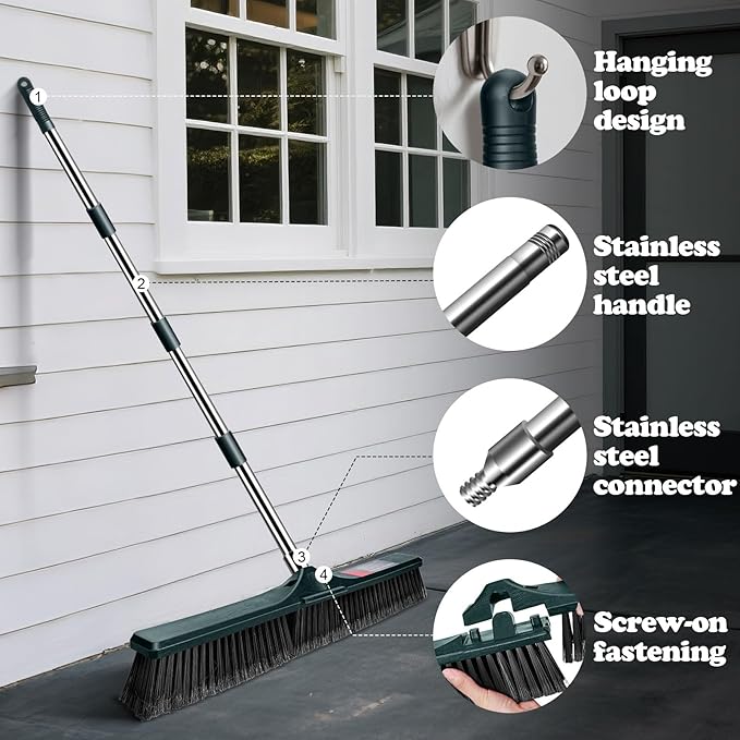 MASTERTOP 24" Push Broom Outdoor, Heavy Duty Garden Brush Broom with 58" Long Handle and Stiff Bristles,Commercial Outdoor Broom for Deck Driveway Garage Yard Patio Warehouse Concrete Floor Cleaning