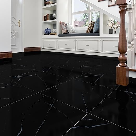 Wallercity Glossy Black Marble Vinyl Floor Tiles 12''x12'' Peel and Stick Floor Tile Waterproof Self Stick Flooring Tiles Black Removable Tile Decorative Panels for Bathroom Garage Kitchen 18-Packs