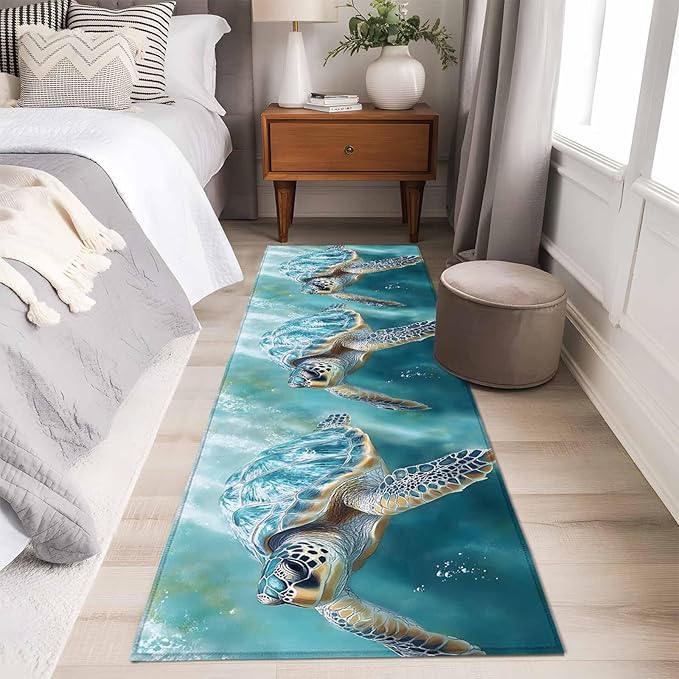 Marine Animal Runner Rug 2'x6', Ocean Turtle Modern Art Abstract Style Hallway Runner Rugs Washable Non-Slip Bedside Floor Mats Carpet for Kitchen Bedroom Laundry Room Bathroom