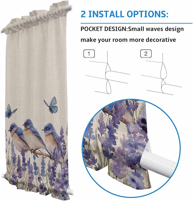 French Door Curtain Panel for Front Door, Blue Purple Bird Flower Floral Butterfly Vintage Slidelight Door Curtains with Tieback Light Filtering Privacy Panels for Doorway Entryway 25"x 40"