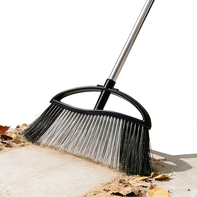 Heavy Duty Outdoor Broom - 15.7" Wide Broom with Long Adjustable Handle & Stiff Bristles for Patio, Garage, Yard, Garden (Black)