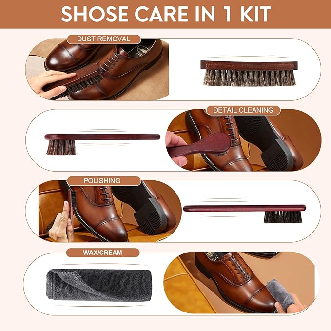 4pcs 100% Horse Hair Shoe Brush Kit Shoe Shine Kit Beech Wood Leather Care Set Suede Boot Cleaner Polish Applicator Dauber Buffing Cloth Soft Natural Bristles Men Gift Box for Boots Shoes Sneakers Car