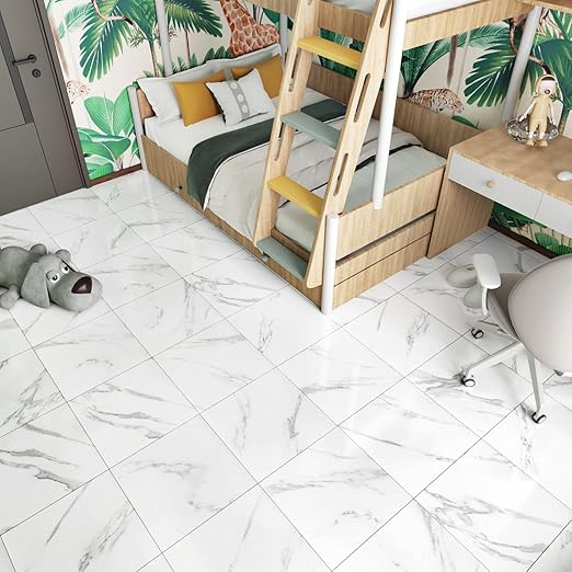 Wallercity 6PCS White Marble Peel and Stick Floor Tiles Waterproof Removable Bathroom Tile Stickers Durable Vinyl Flooring Modern Self Stick Floor Tile Sheets for Bedroom Living Room Kitchen 12''x12''