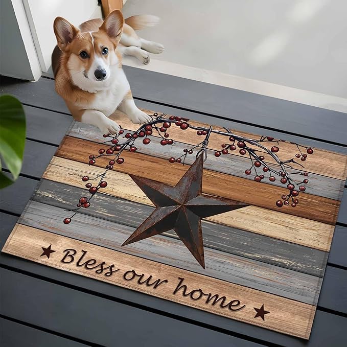 Country Stars Entryway Rug 2'x3', Vintage Rust Black Star Berry Brown Light Blue Wood Grain Small Area Rug Non-Slip Front Door Mat Washable Floor Carpet for Indoor Entrance Kitchen Bathroom