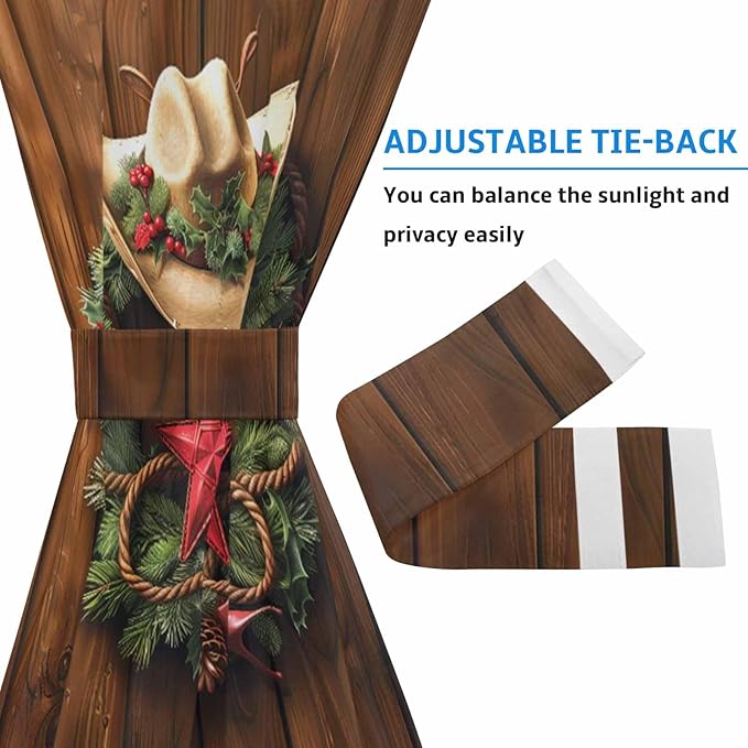 Christmas French Door Curtain Panel for Front Door, Dark Brown Wood Texture Christmas Wreath Cowboy Hat Slidelight Door Curtains with Tieback Light Filtering Privacy Panels for Entryway 25"x 40"