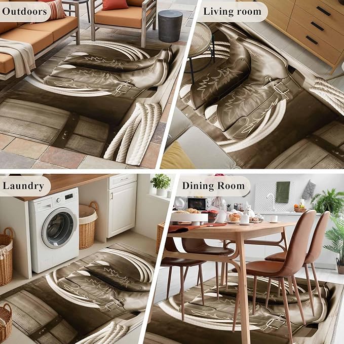 Western Cowboy 3'x5' Area Rugs, Vintage Countryside Cowboy Boots Ropes Washable Area Rugs Non-Slip Indoor Floor Mats Carpet for Living Room Bedroom Dining Room