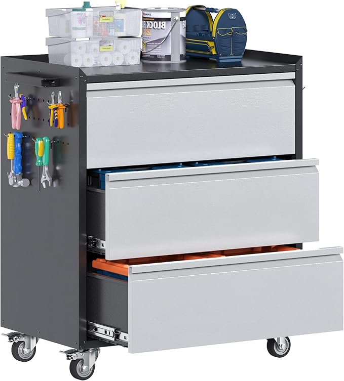 Reemoon 3 Drawers Garage Storage Cabinet with Wheels,35" H Metal Storage Cabinets for Garage, Home, Assembly Required,Black&Silver