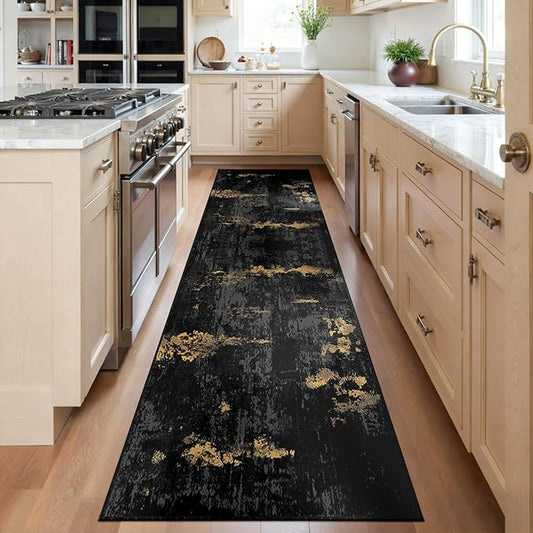 RELEANY Washable Area Rugs 2'x6' Non-Slip Modern Abstract Soft for Living Room Entryway Bedroom Nursery, Print Pattern, Dark Black Gold