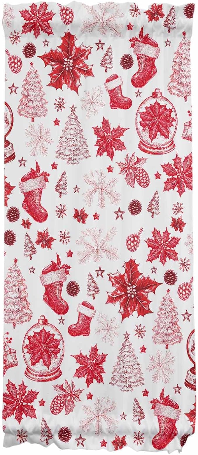 Christmas French Door Curtain Panel for Front Door, Red Christmas Tree Plant Sock Snowflake Pine Cone Slidelight Door Curtains with Tieback Light Filtering Privacy Panels for Entryway 25"x 40"
