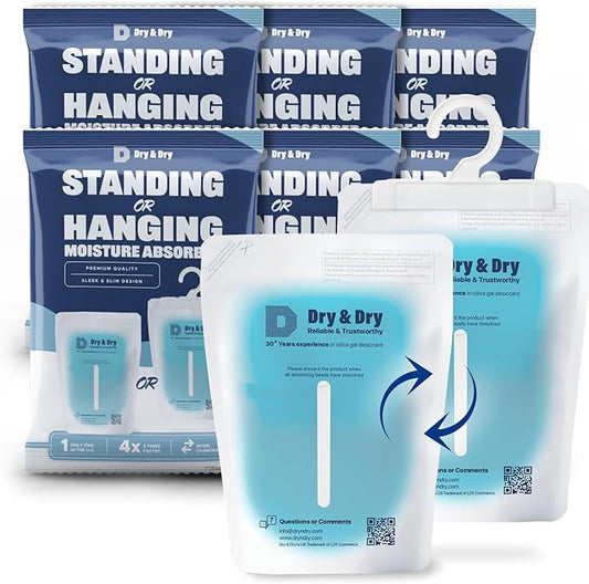 Dry & Dry Premium 6 Pack Hybrid Moisture Absorbers - Blue, Automatic, Standing or Hanging - 7 oz Capacity Each - Ideal for Basements, Closets, Bathrooms & Laundry Rooms