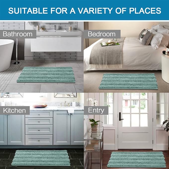H.VERSAILTEX Bathroom Rugs Non Slip Thick Shaggy Chenille Bathroom Rug Mat Set Extra Soft and Absorbent Striped Floor Rugs, 2 Piece, Machine-Washable, Eggshell Blue