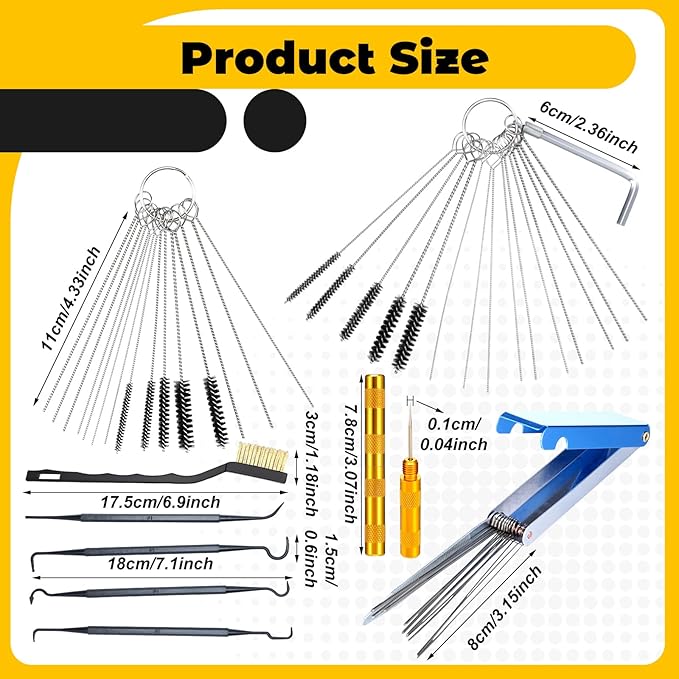 Carburetor Cleaner Kit Torch Tip Cleaner Set, Includes 1 Single Head Brush 30 Needles 15 Nylon Brushes 1 Hexagonal Wrench 1 Scraper and 4 Cleaning Hooks 1 Aluminum Case for Motorcycle ATV
