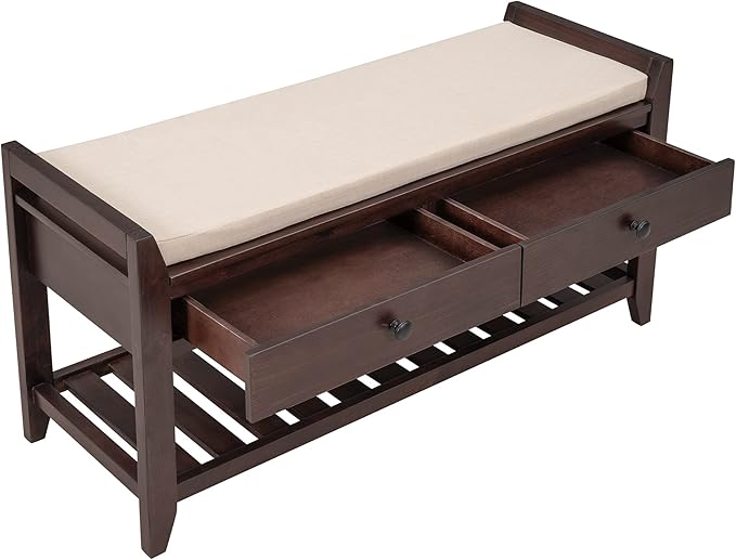 Knocbel Entry Storage Bench Shoes Rack with Cushioned Seat, 2 Drawers & Slatted Shelf, Living Room Entryway Hallway Foyer Shoe Bench Bedroom End of Bed Bench (Espresso 2-Drawer)