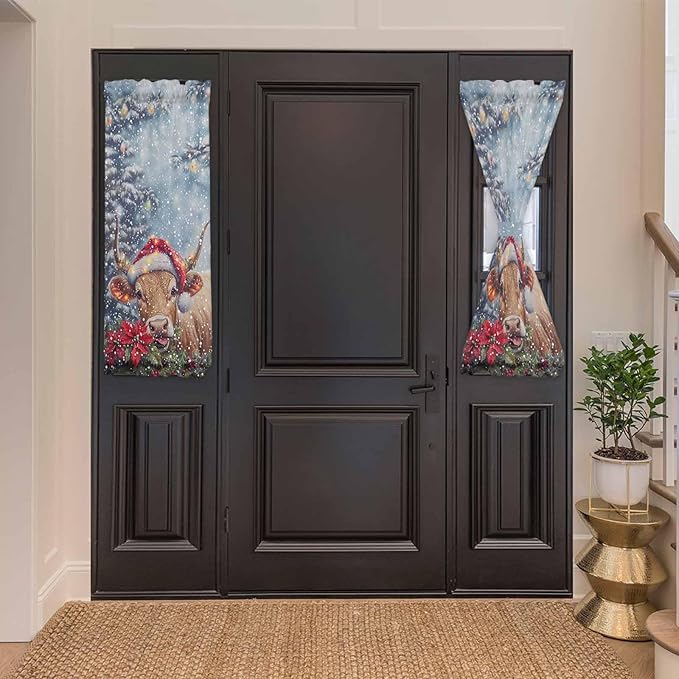 Christmas French Door Curtain Panel for Front Door, Christmas Winter Snow Santa Hat Cow Poinsettia Slidelight Door Curtains with Tieback Light Filtering Privacy Panels for Doorway Entryway 25"x 40"